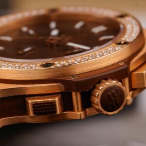 Detailed close-up of a luxury gold watch encrusted with diamonds and precision mechanics.