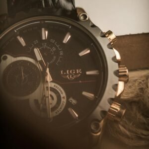 Detailed close-up of a luxury wristwatch showcasing intricate design and craftsmanship.