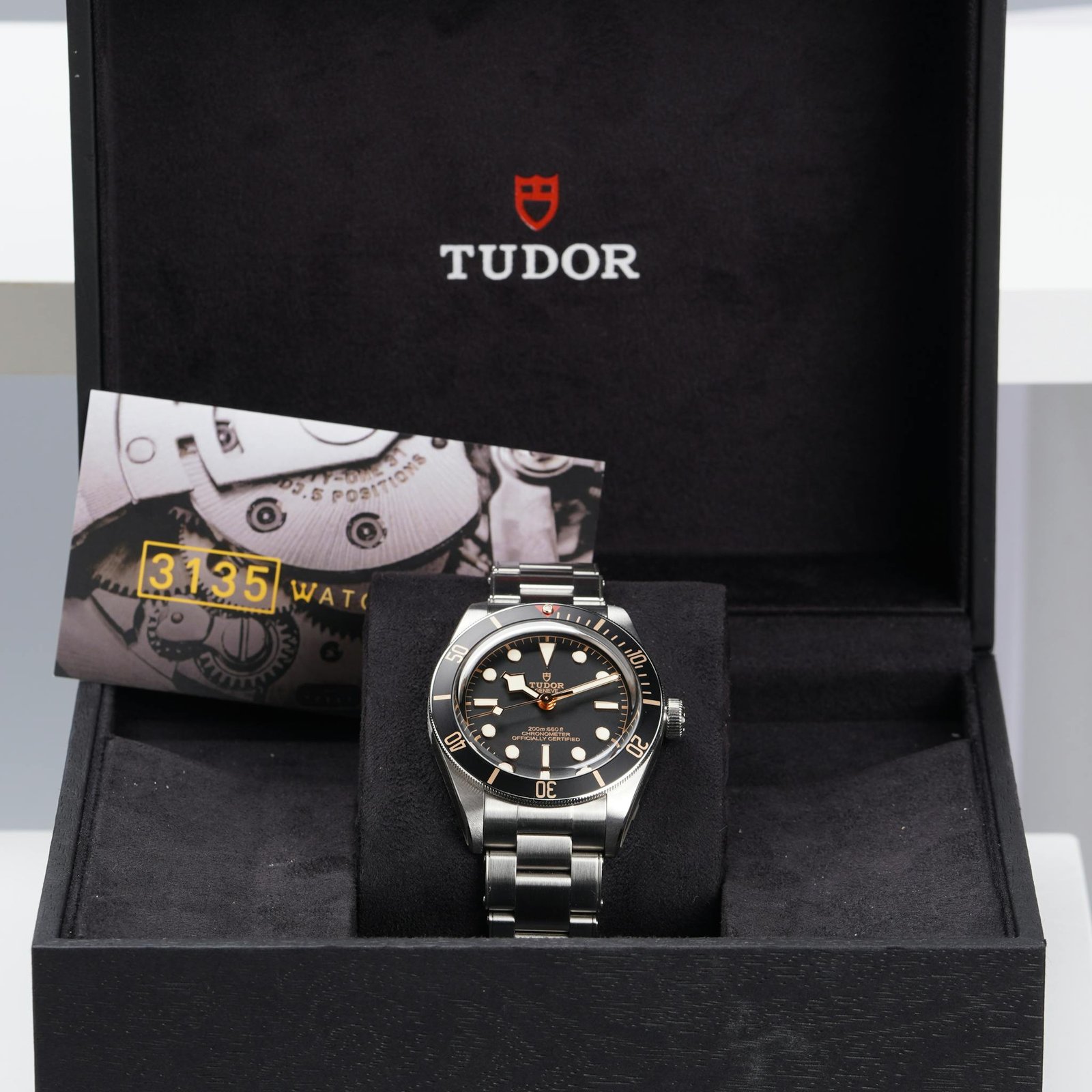 Elegant Tudor wristwatch showcased in a luxurious black velvet box, exuding sophistication and style.